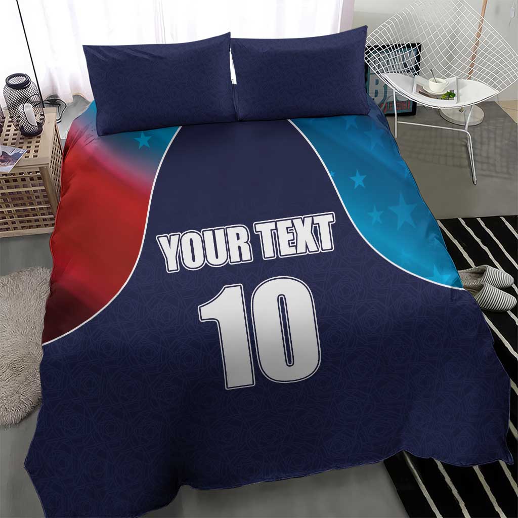 Blue and red flag-style cricket bedding set with YOUR TEXT, number 10, and two pillows