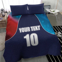 Blue and red flag-style cricket bedding set with YOUR TEXT, number 10, and two pillows
