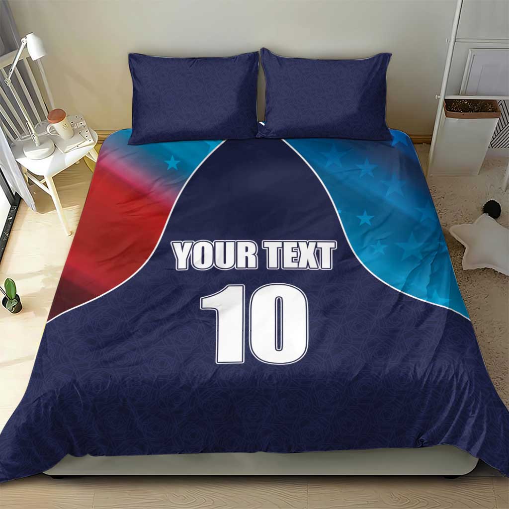 Blue flag-style cricket bedding set showing YOUR TEXT and number 10 with two matching pillows