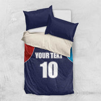 Blue and red flag cricket bedding set with YOUR TEXT, number 10, and two dark blue pillows