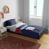 Blue and red flag-style cricket bedding set with YOUR TEXT, number 10, and two pillows