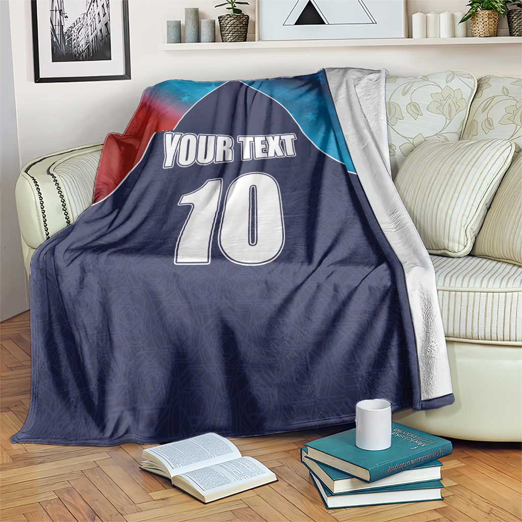 Personalized USA-style cricket blanket in navy blue with flag colors, “YOUR TEXT” and number 10