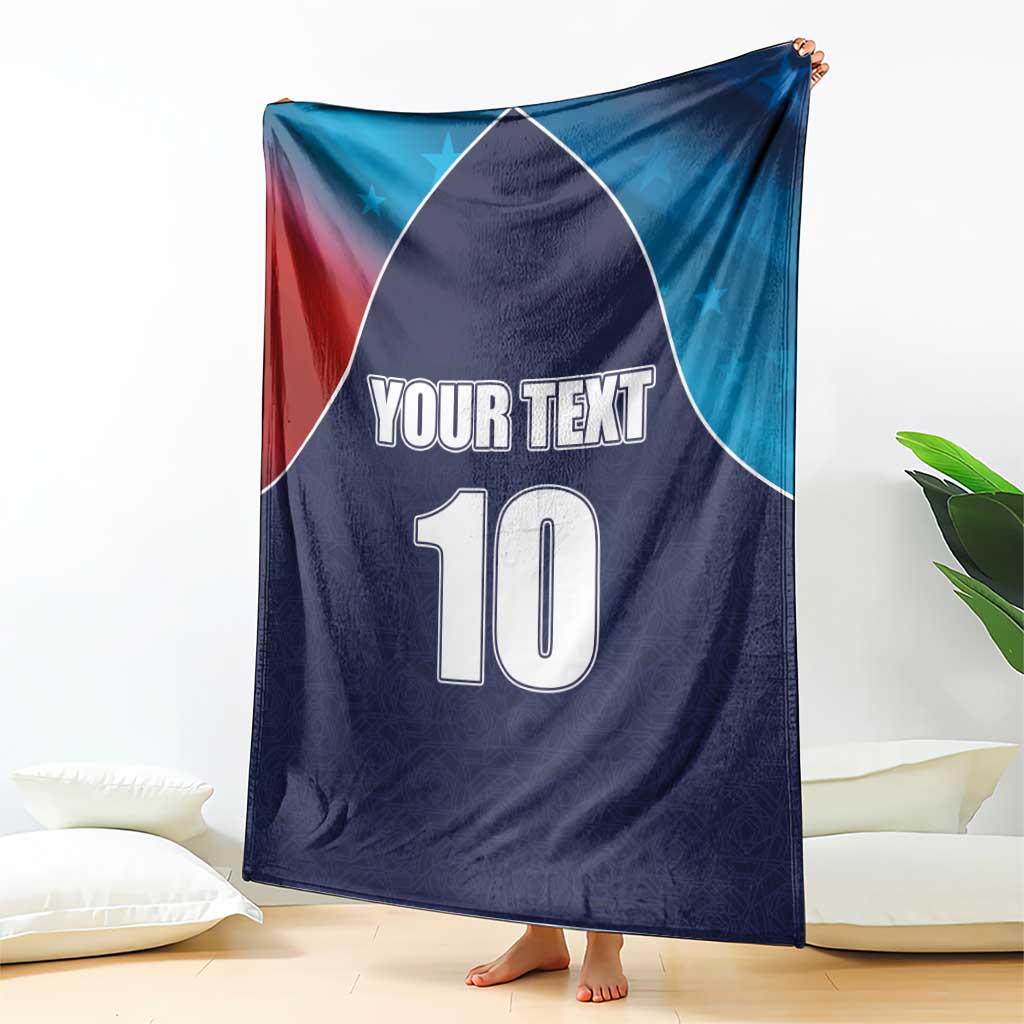 Navy blue personalized USA-style cricket blanket with flag colors, “YOUR TEXT” and number 10, draped