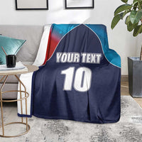 Navy blue personalized USA-style cricket blanket with flag pattern, “YOUR TEXT” and number 10 on floor