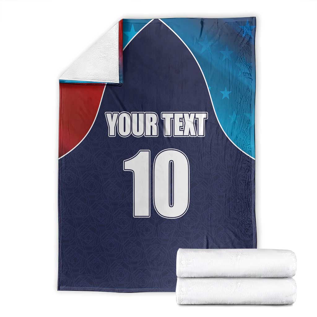 Personalized USA-style cricket blanket, navy blue with flag pattern, “YOUR TEXT” and number 10 display