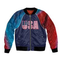 Navy bomber jacket with red/blue flag sleeves, front zip, USA flag graphic, ribbed hem