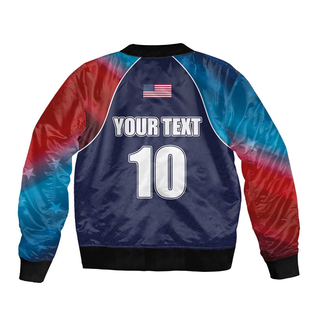 Blue bomber jacket with red/blue flag sleeves, ribbed collar, back print 'YOUR TEXT 10'