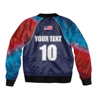 Blue bomber jacket with red/blue flag sleeves, ribbed collar, back print 'YOUR TEXT 10'