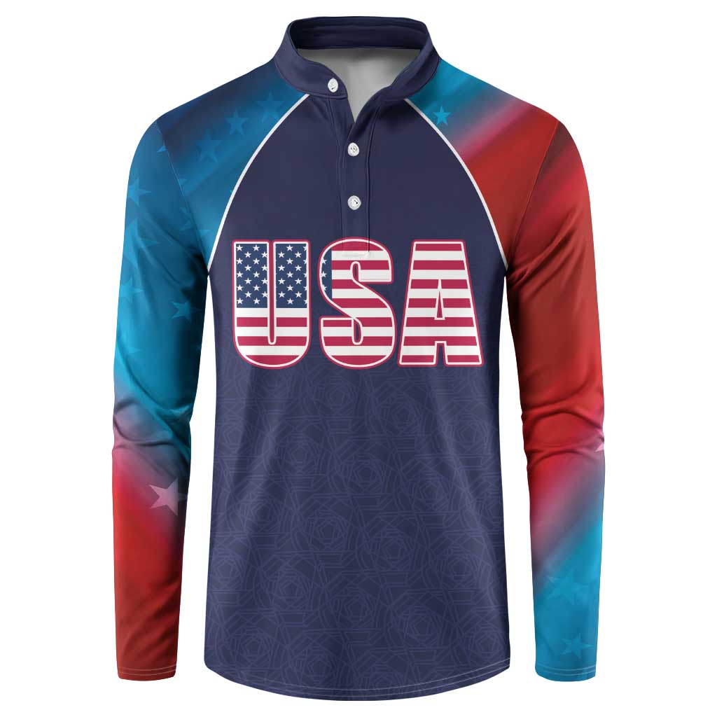 Navy cricket button sweatshirt with USA flag style 'USA' graphic on front