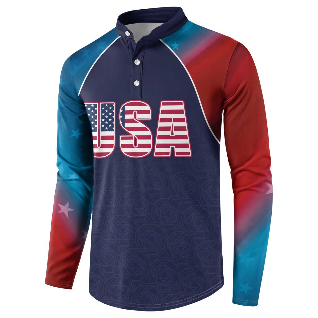 Navy cricket button sweatshirt with USA flag style graphic on front