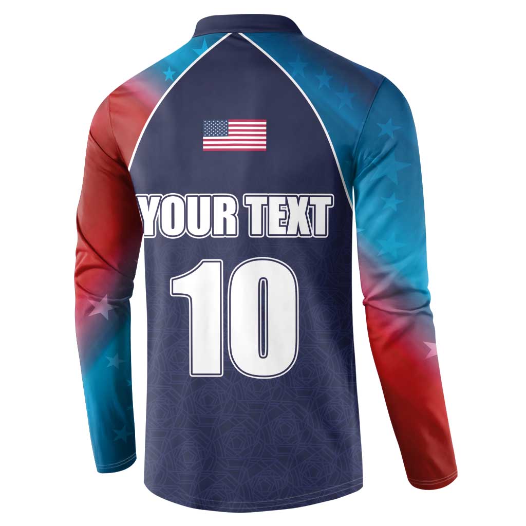 Navy cricket shirt with USA flag, 'YOUR TEXT', and number 10 on back