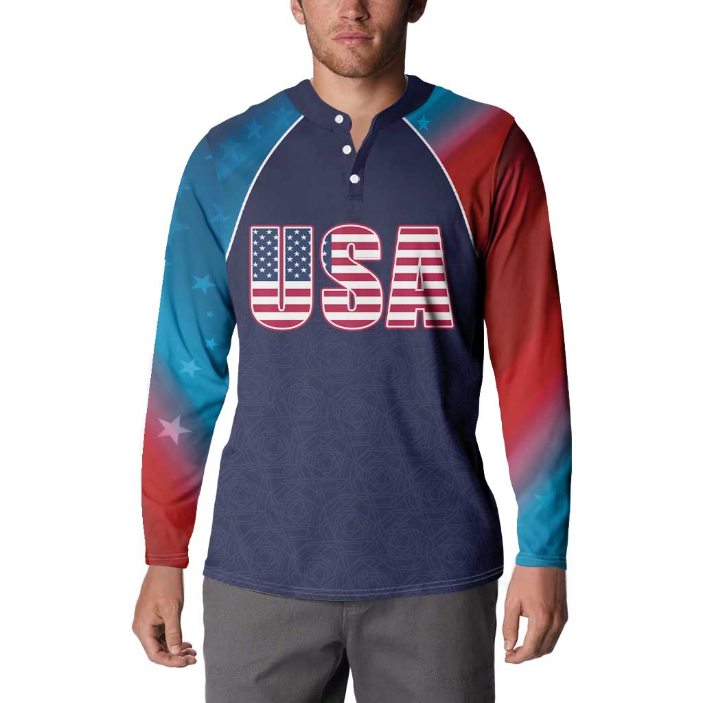 Navy cricket button sweatshirt with USA flag style 'USA' graphic on front