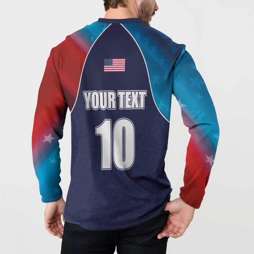 Navy cricket button shirt with USA flag, 'YOUR TEXT', and number 10 on back