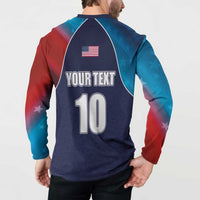 Navy cricket button shirt with USA flag, 'YOUR TEXT', and number 10 on back