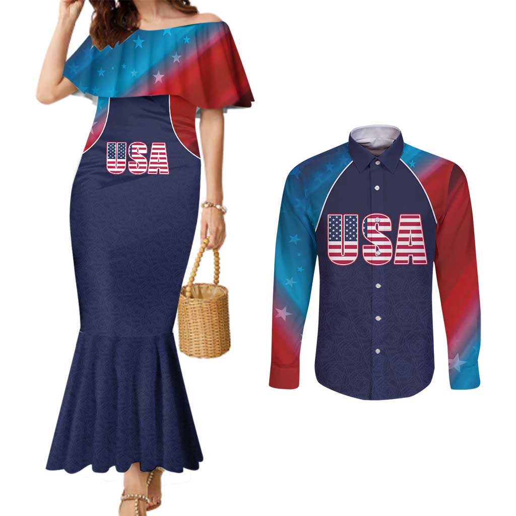 Custom USA Cricket Couples Matching Mermaid Dress and Long Sleeve Button Shirt With Flag Style