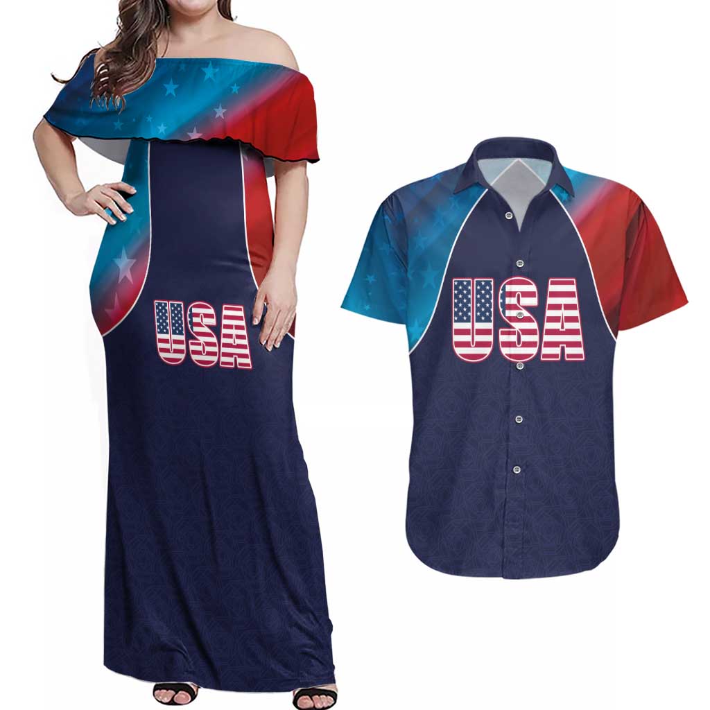 Custom USA Cricket Couples Matching Off Shoulder Maxi Dress and Hawaiian Shirt With Flag Style - Wonder Print Shop