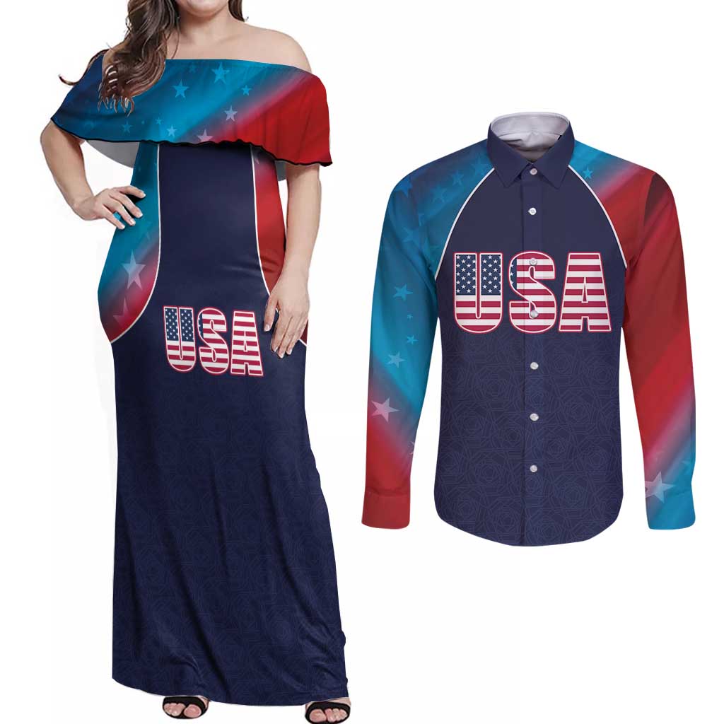 Custom USA Cricket Couples Matching Off Shoulder Maxi Dress and Long Sleeve Button Shirt With Flag Style - Wonder Print Shop