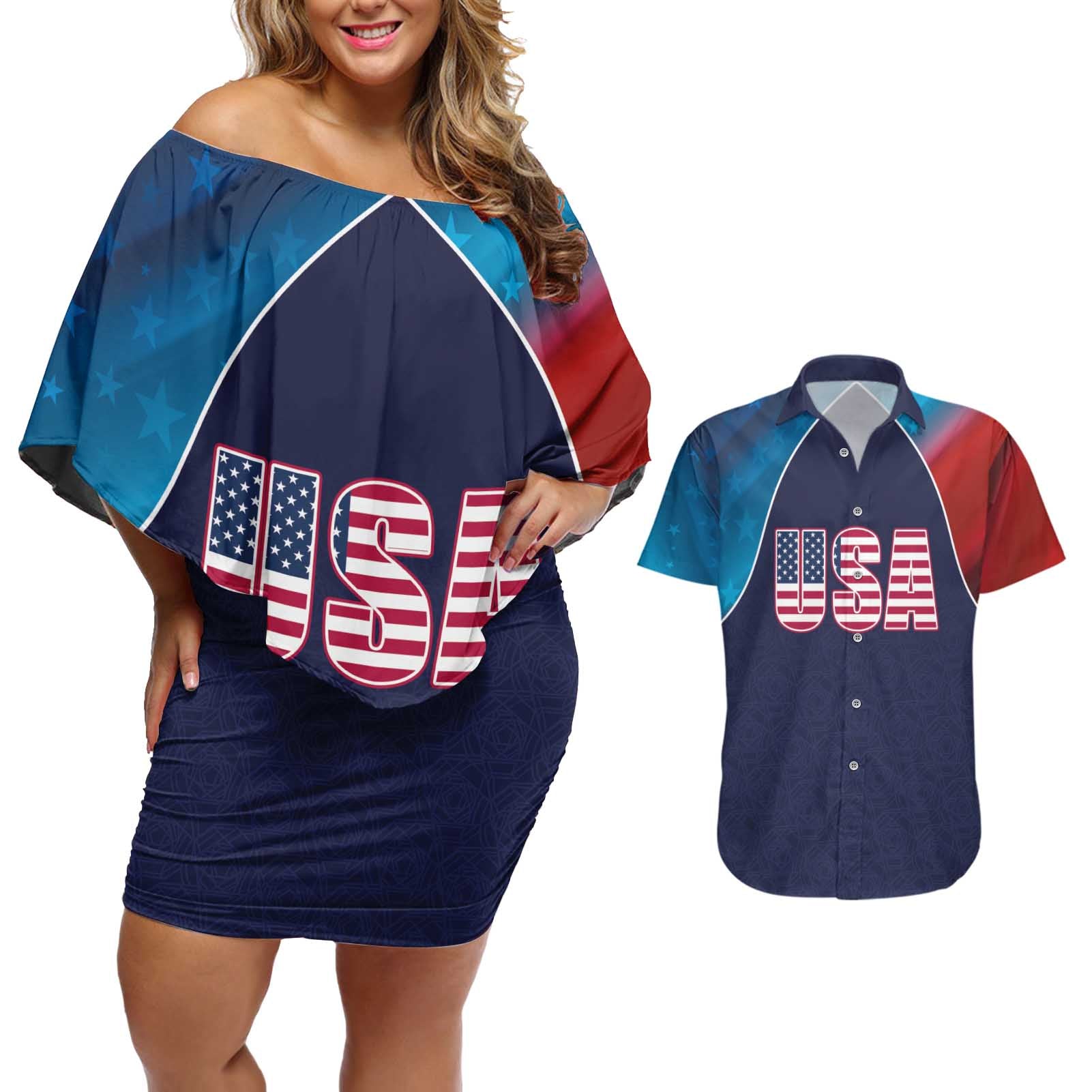 Custom USA Cricket Couples Matching Off Shoulder Short Dress and Hawaiian Shirt With Flag Style - Wonder Print Shop