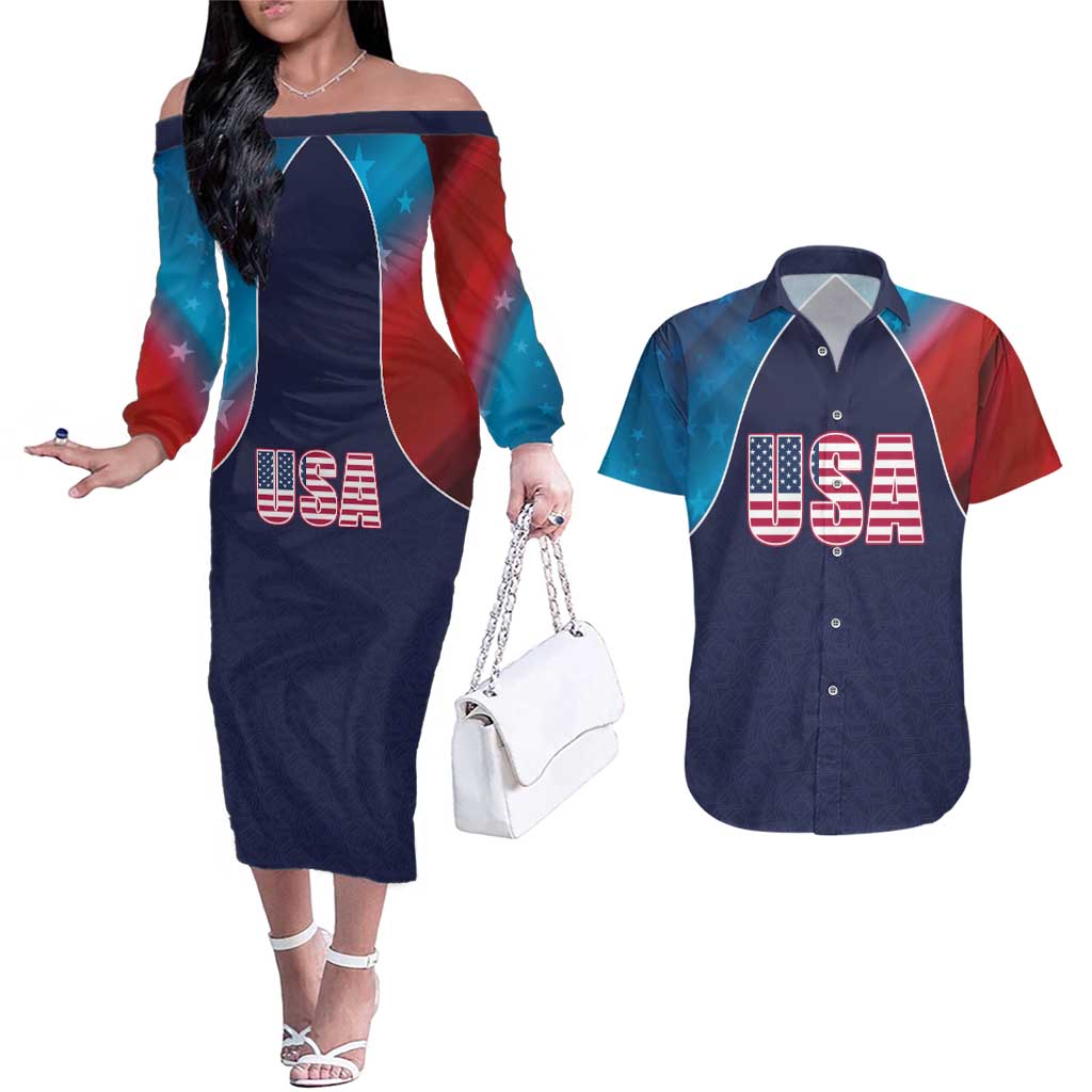 Custom USA Cricket Couples Matching Off The Shoulder Long Sleeve Dress and Hawaiian Shirt With Flag Style - Wonder Print Shop