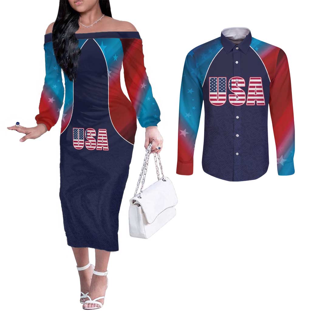 Custom USA Cricket Couples Matching Off The Shoulder Long Sleeve Dress and Long Sleeve Button Shirt With Flag Style