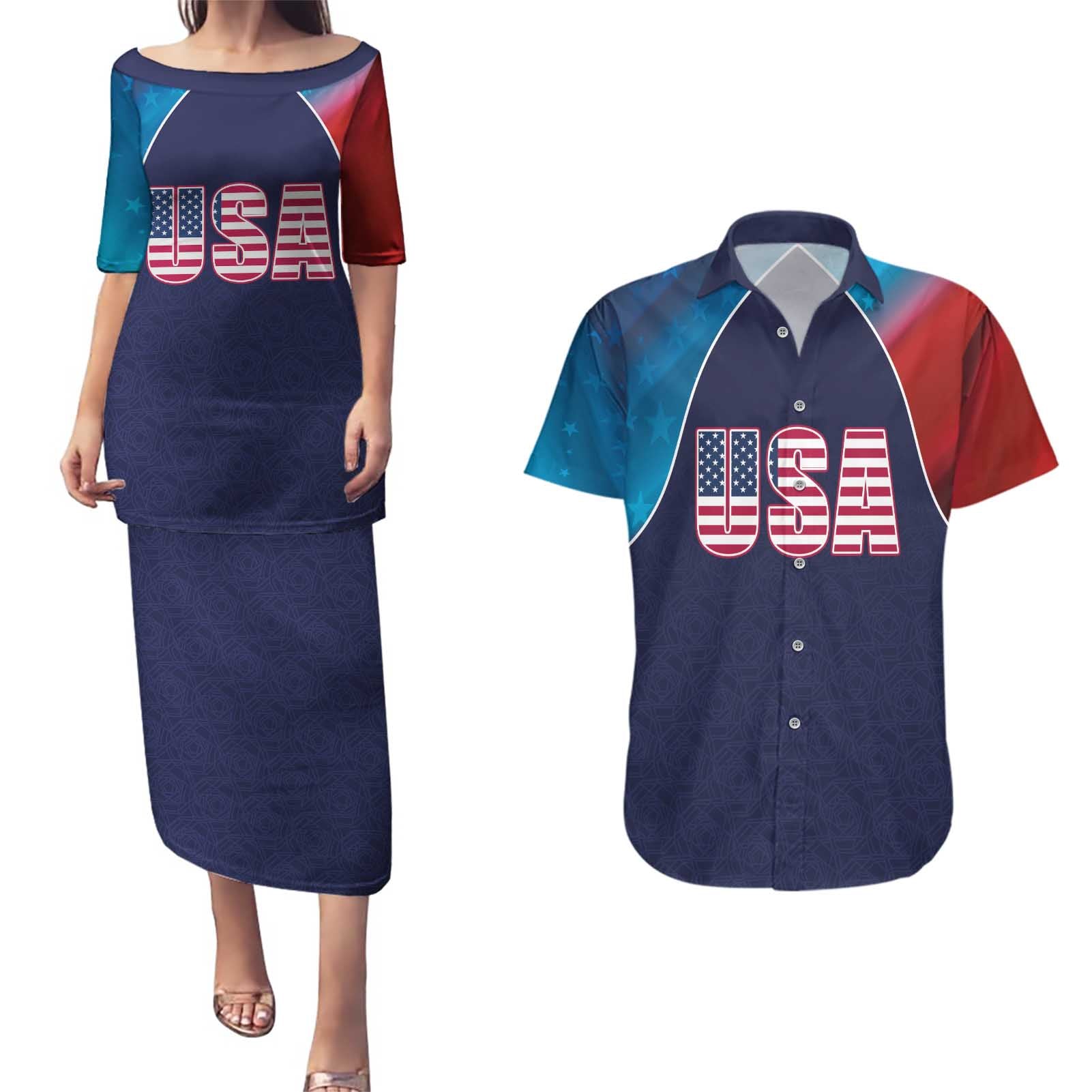 Custom USA Cricket Couples Matching Puletasi and Hawaiian Shirt With Flag Style - Wonder Print Shop