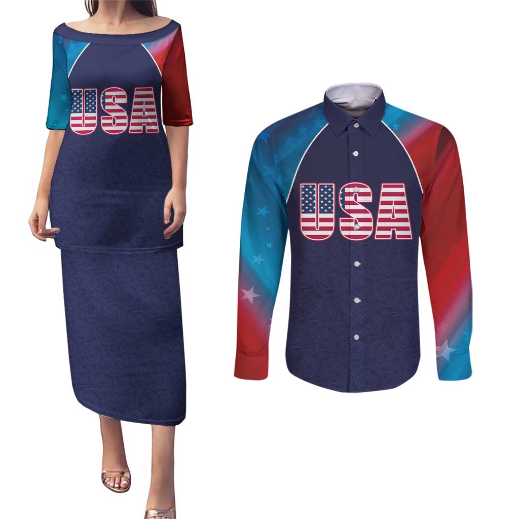 Custom USA Cricket Couples Matching Puletasi and Long Sleeve Button Shirt With Flag Style - Wonder Print Shop