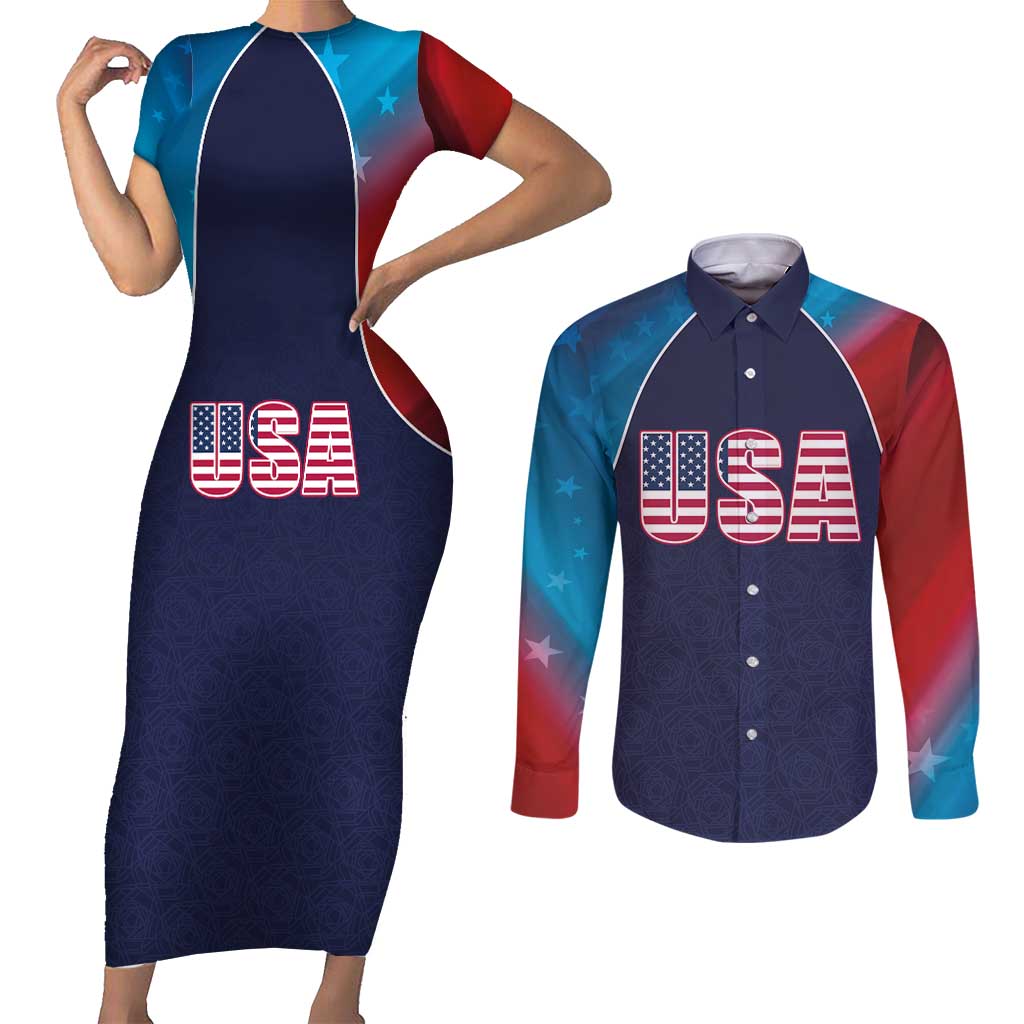 Custom USA Cricket Couples Matching Short Sleeve Bodycon Dress and Long Sleeve Button Shirt With Flag Style - Wonder Print Shop