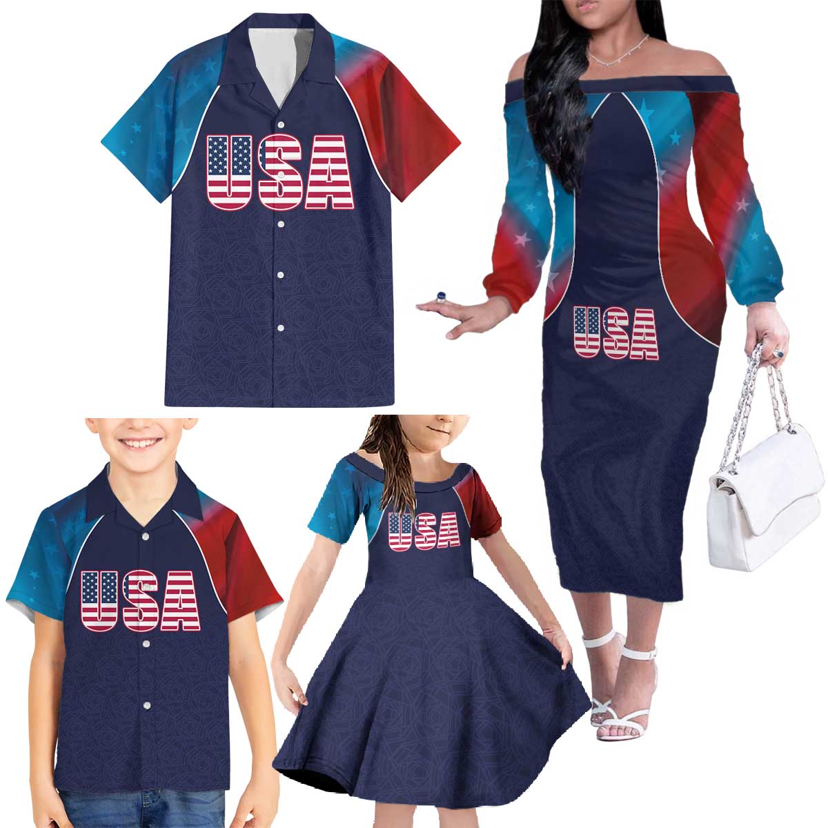 Custom USA Cricket Family Matching Off The Shoulder Long Sleeve Dress and Hawaiian Shirt With Flag Style - Wonder Print Shop