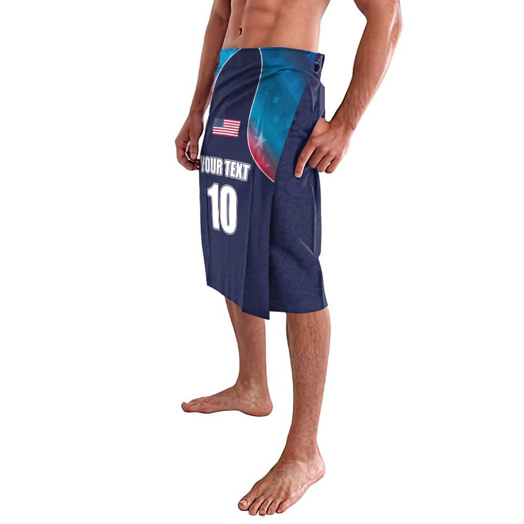 Navy blue cricket lavalava with USA flag patch, teal stripe, and front number 10