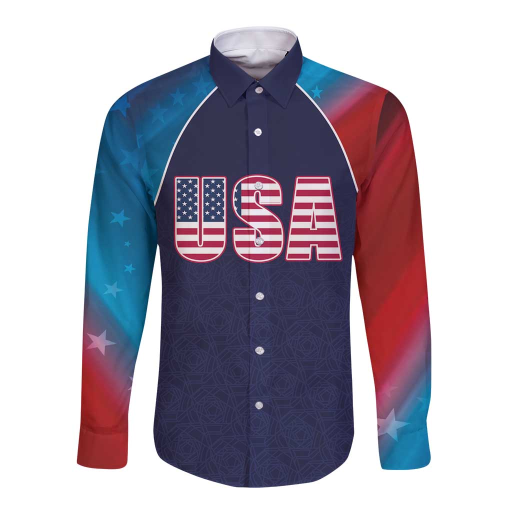 Navy long-sleeve cricket button shirt with USA flag graphic and red/blue sleeves