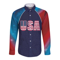 Navy long-sleeve cricket button shirt with USA flag graphic and red/blue sleeves