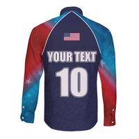 Navy long-sleeve cricket button shirt with USA flag, YOUR TEXT, number 10, red/blue sleeves