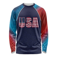 Unisex long sleeve cricket shirt in dark navy with USA flag-style graphic on front