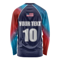 Unisex long sleeve cricket shirt, dark navy back with USA flag, YOUR TEXT, and 10