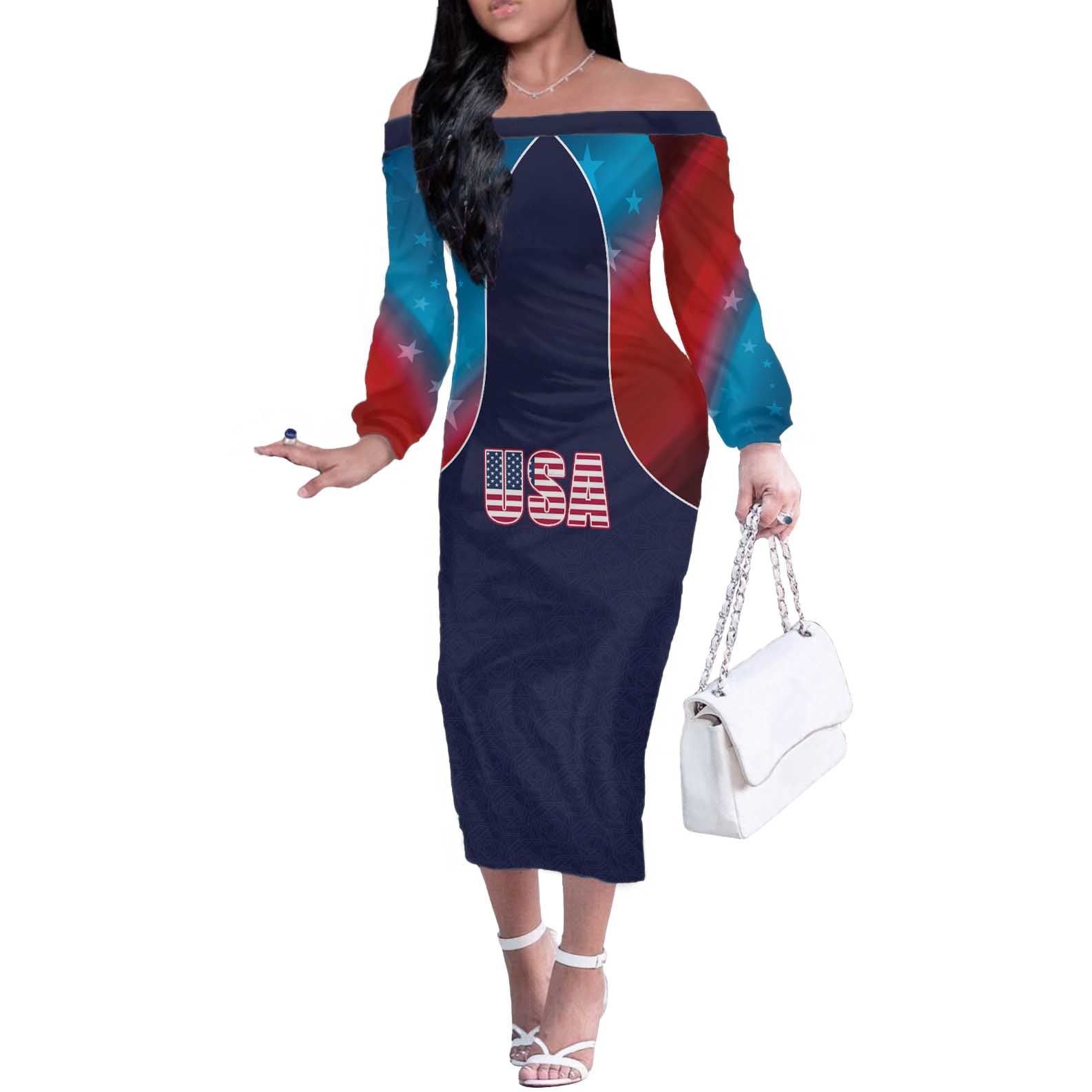 Custom USA Cricket Off The Shoulder Long Sleeve Dress With Flag Style - Wonder Print Shop