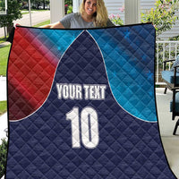 Navy quilted cricket quilt with red and blue curved flag panels, custom text, number 10