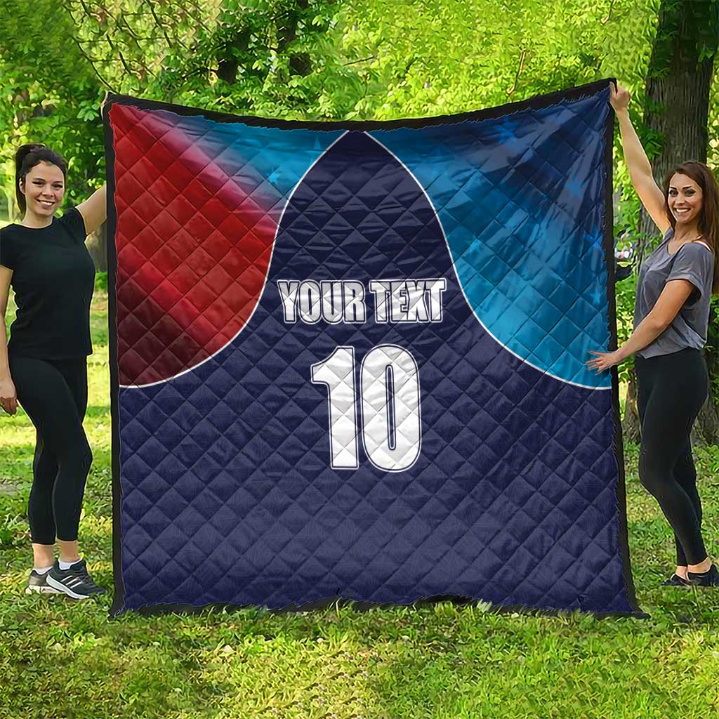 Quilted cricket quilt in navy with red and blue flag-style panels and number 10