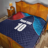 Navy quilted cricket quilt with red and blue curved panels, number 10, and custom text