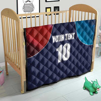 Quilted cricket quilt for bed with navy base, red and blue curved panels, number 10