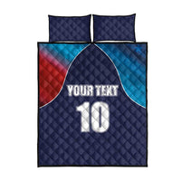 Blue quilt bed set with red and teal flag-style panels, quilted fabric, "YOUR TEXT 10"