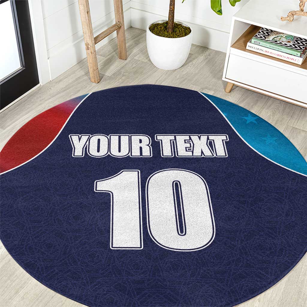 Custom cricket round carpet with flag-style design, YOUR TEXT and number 10