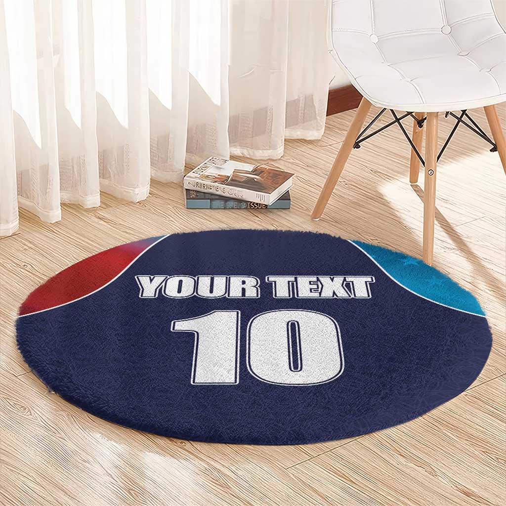 Round cricket carpet showing YOUR TEXT above number 10, flag-style corners