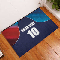 Custom cricket rubber doormat with dark blue background, flag arcs, stars, and large number 10