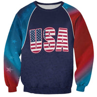 Navy raglan cricket sweatshirt with USA flag graphic and red/blue sleeves
