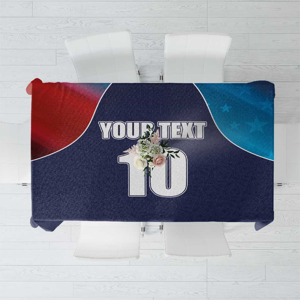 Custom cricket tablecloth with USA flag-style blue, red, and white design; includes “YOUR TEXT” and “10”.