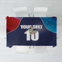 Custom cricket tablecloth with USA flag-style blue, red, and white design; includes “YOUR TEXT” and “10”.