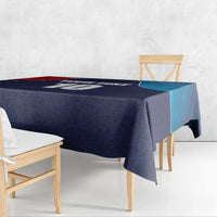 Custom cricket tablecloth in dark blue with USA flag-style red and blue edge panel.