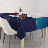 Custom cricket tablecloth in dark blue with USA flag-style curved red and blue sections.