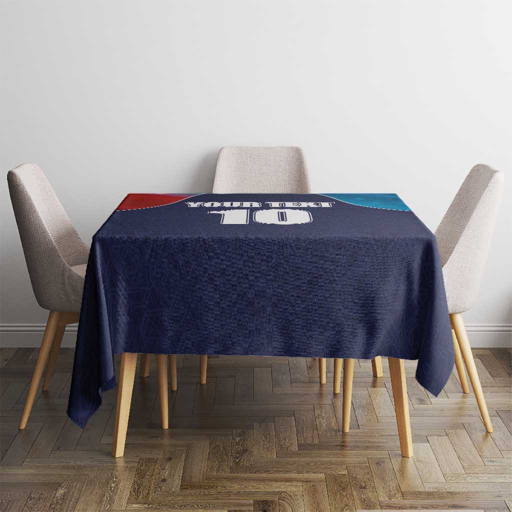 Custom cricket tablecloth with USA flag-style design and “YOUR TEXT” plus “10” centered on top.