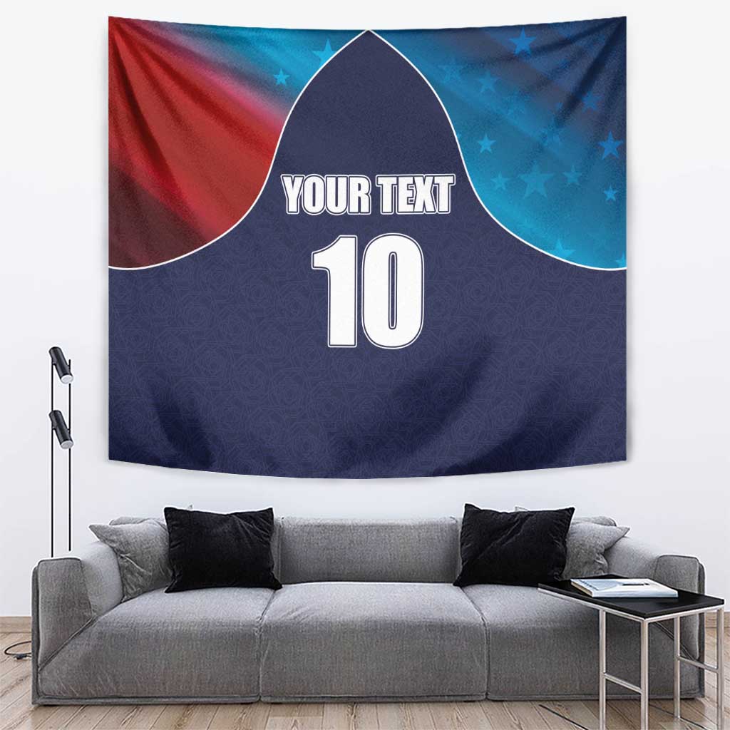Blue flag-style cricket tapestry with red/blue wave arcs, custom text and number 10